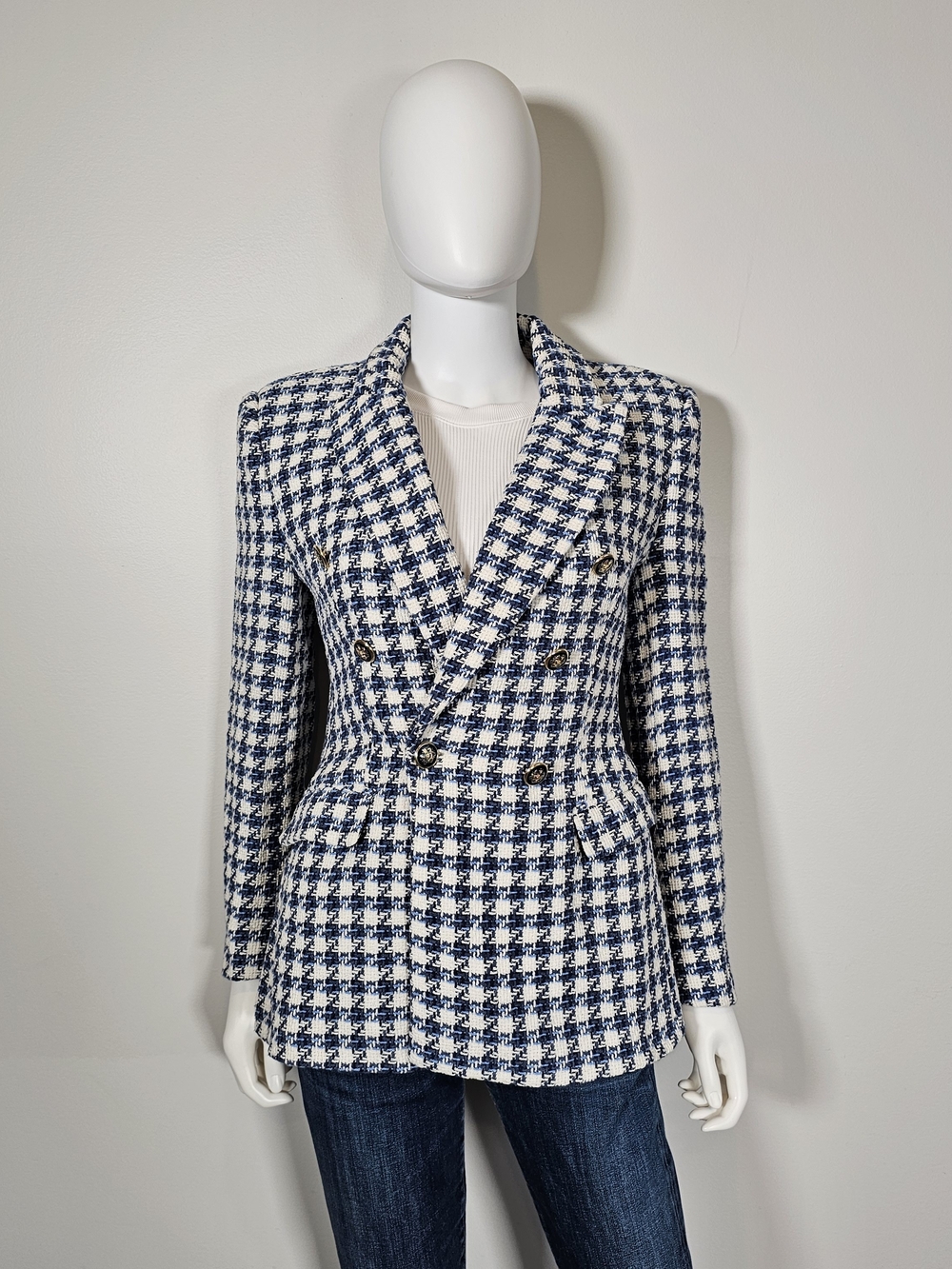 Zara Double-Breasted Structured Houndstooth Blazer - Navy & White Sz M